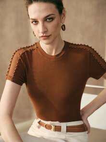 Arave Women's Beaded Shoulder Round Neck Mesh Patchwork Hollow Out Fitted Casual Party Date Vacation Short Sleeve T-Shirt Top Brown Top Earthy Tops - Camel - View 7