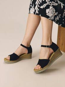 Styleloop Giày sandal đế xuồng cao gót kiểu La Mã, sandal cao gót hở mũi có khóa cài, sandal đế xuồng bằng rơm cho nữ, mẫu mới mùa xuân hè. - Đen nâu - Xem 5