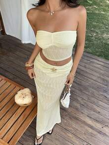Sunnyshic Women's Summer Vacation Textured Bandeau Top And Skirt Dress Set - Light Yellow - View 4