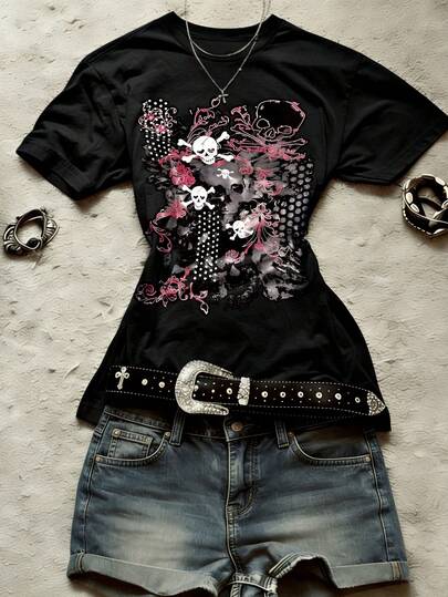 Glimmora Camiseta de mujer con estilo retro punk Y2K, de estética emocional, de moda callejera casual de cuello redondo y manga corta, adecuada para uso diario en todas las estaciones