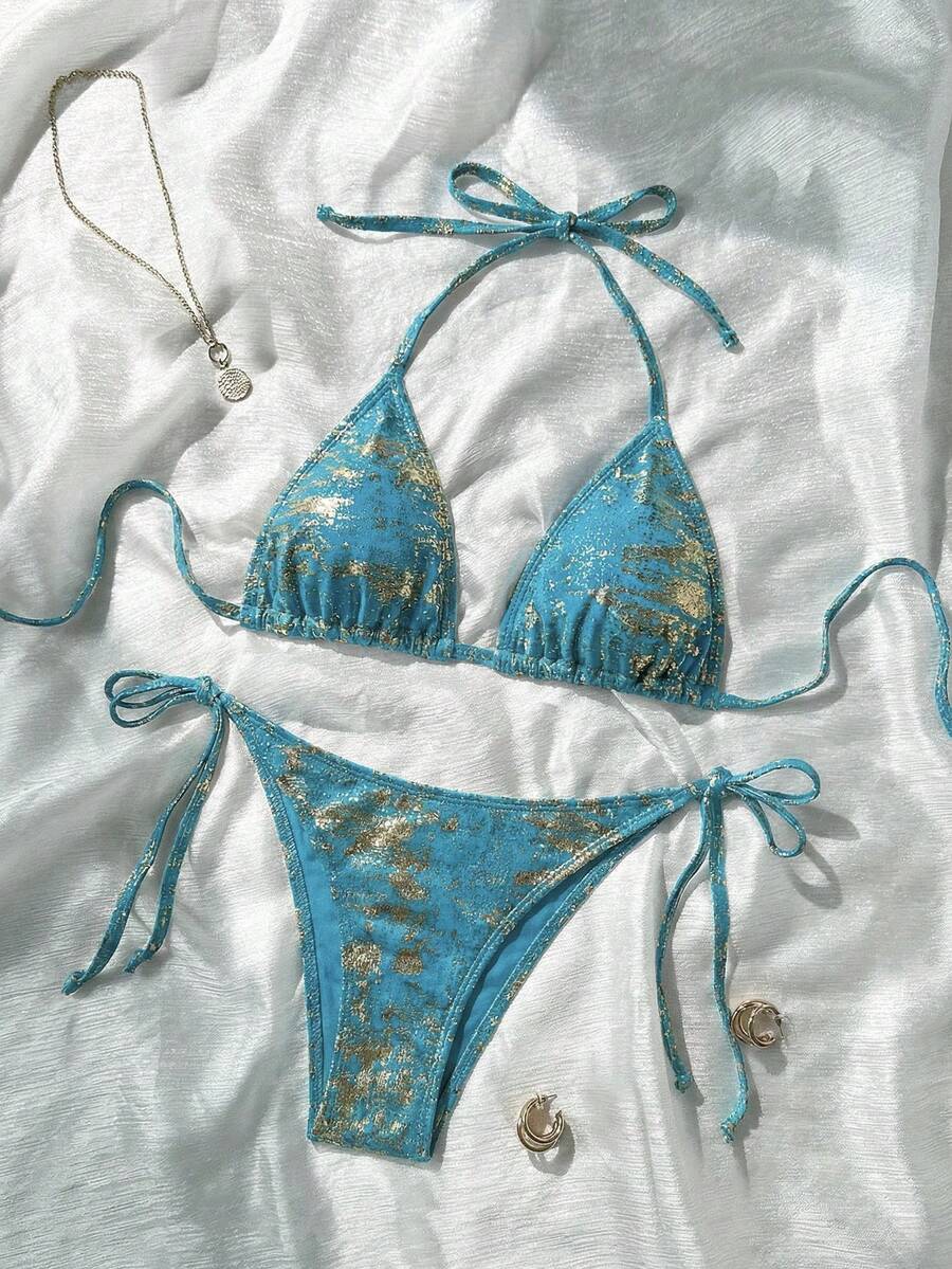 SHEIN Swim 女士吊带露背时尚夏季比基尼套装 - 藍色 - 查看 1