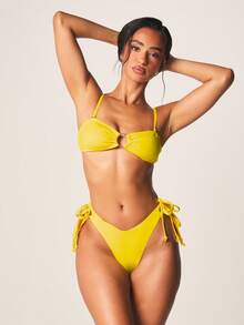 MISSGUIDED High Rise Side Tie String Bikini Bottom With Ruched Detail And Deep V Cut Coverage Summer Beach Swimwear - Yellow - View 5
