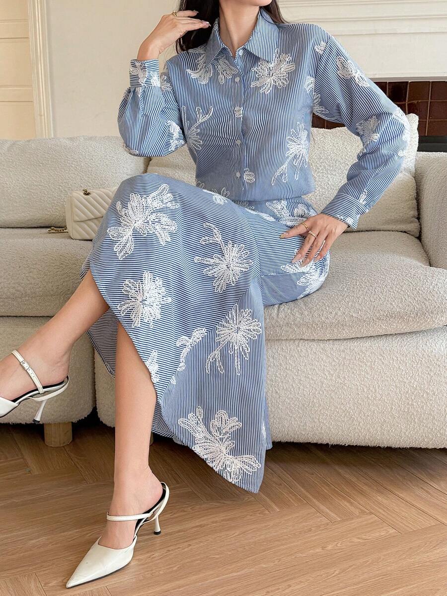 DAZY 女士优雅条纹印花上衣和鱼尾裙两件套，春夏款 - 藍色 - 查看 1