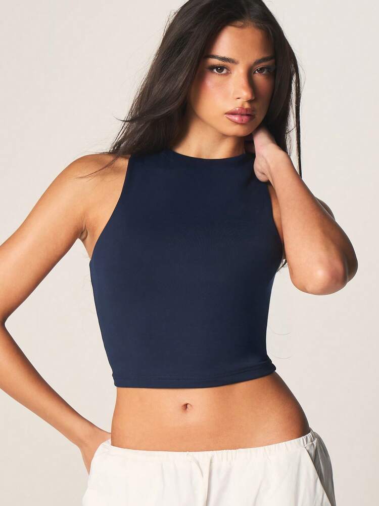 MISSGUIDED Double Layered Cropped Racerback Tank Top High Neck Sleeveless Fitted Casual Summer Women