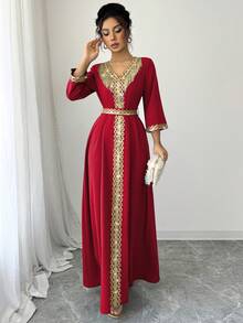 Elenzga Women's Elegant Fringe & Sequin Patchwork Dress - Red - View 3