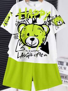 Teen Boy Casual Streetwear Minimalist Short Sleeve Crew Neck T-Shirt And Shorts Set, Suitable For Summer, Classic Cartoon Cool Graffiti Bear White - Multicolor - View 4