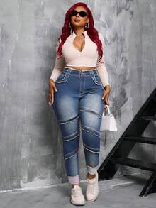 Slaydiva Plus Size Women Blue Denim High Waist Distressed Skinny Jeans - Medium Wash - View 4