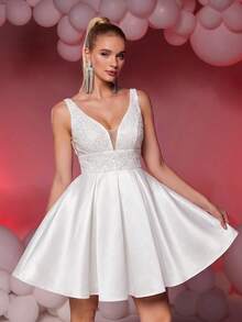 Lovelzi 优雅奢华的藏蓝色V领亮片拼接缎面长裙，宽松A字廓形，适合婚礼、派对、毕业典礼、舞会等场合（装饰繁复） - 白色 - 查看 4