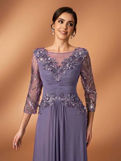 Serin 优雅奢华的串珠亮片花卉刺绣网纱拼接弹力针织薄纱袖A字连衣裙，适合婚礼、派对、度假、新娘、新娘母亲、晚礼服等场合。