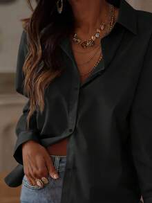 Elenzga Camisa de manga larga de color negro sólido para mujer, casual, de oficina y para ir al trabajo, minimalista y versátil, para primavera/otoño - Negro - Ver 4