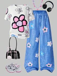 2-Piece Set For Tween Girls: Classic Summer Casual Cute Floral Butterfly Cloud Print Round Neck Short Sleeve White T-Shirt And Floral Print Wide-Leg Pants, Perfect For Everyday Casual Outings And Shopping. - Multicolor - View 1
