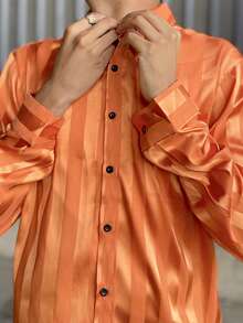 Ngobest Haus Ngobest Haus 男士条纹印花纽扣前休闲长袖衬衫，秋季 - 橘色 - 查看 5