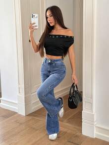 Rivivi 女士休闲日常通勤百搭修身喇叭牛仔裤 - 藍色 - 查看 6