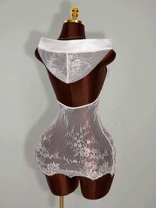 Amplova Women's Hooded Numeric & Letter Print Lace Patchwork Sexy Mini Party Dress - White - View 2