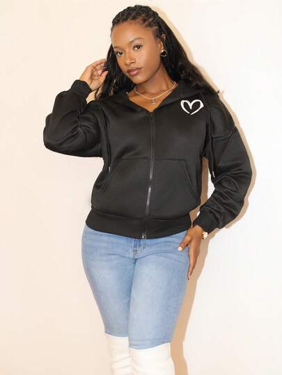 Steph T Heart Print Zip Up Drawstring Thermal Lined Hoodie,Long Sleeve Tops Graduation,Back To School Outfits,Graduation,Teacher Outfits For Women,Back To School Pullover Fall Outfit