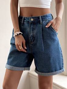 DAZY Women's Casual Loose Pleated Denim Shorts - Blue - View 4