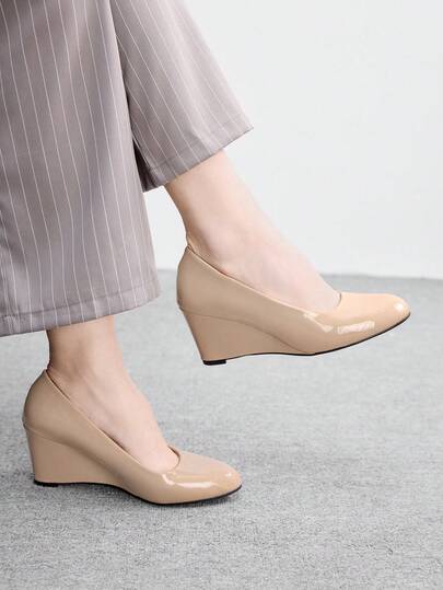 CUCCOO BIZCHIC Women's Round Toe High Heel Leather Pumps, Wedge Heel, Fashionable & Versatile For Work And Casual Outfits, All Season