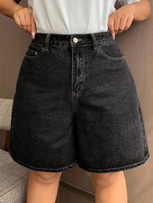 Dazy Plus Dark Wash Blue Butterfly Embroidery Back Pocket Straight Leg Capri Denim Shorts, Spring/Summer - Black - View 5