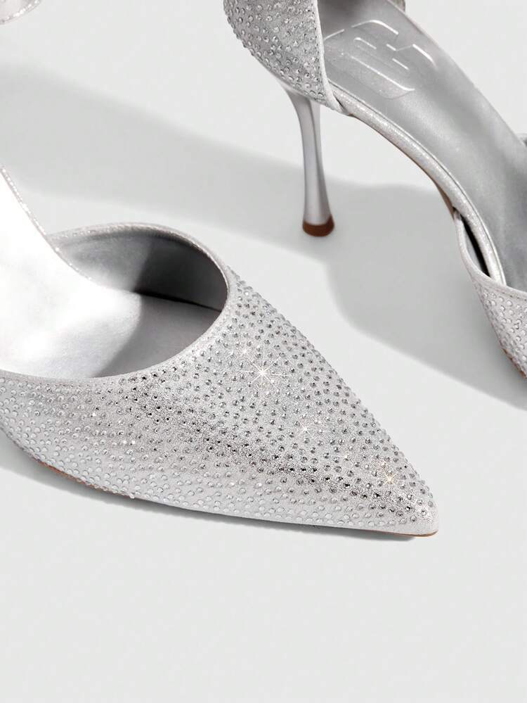 CUCCOO SZL Women Shoes Fashion Pointed Stiletto Silver Full Diamond Ankle Strap Hollow Women's Shoes Fashion Sexy Banquet Party Women's High Heel Shoes Women's Shoes Spring Shoes