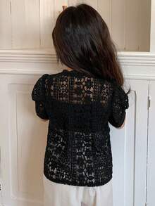 DAZY 女童圆领蕾丝泡泡袖可爱甜美衬衫 - 黑色 - 查看 3