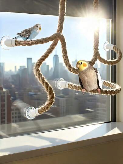 1pc Parrot Sisal Rope Climbing Toy With Suction Cup, Bendable Bird Perch Chew Toy For Cage Decor, Suitable For Parrots All Season