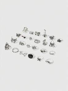 ROMWE Grunge Punk 24 件/套朋克哥特式戒指套装银色骷髅蜘蛛扑克小丑眼睛心形戒指男士时尚嘻哈珠宝礼物 - 24件套裝 - 查看 3