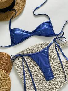Swim SXY Set de 2 piezas Bikini con parte superior tipo halter y bandeau con textura metálica y Bottom con lazos laterales, conjunto de traje de baño sexy para mujer, primavera/verano - Azul - Ver 3