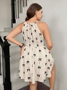 SHEIN LUNE Plus Size Women's Cute Halter Neck Dress With Bow Print,Summer Holiday Beach Sundress,Black And White Vacation Carnival Outfit Valentine's Day - Apricot - View 8