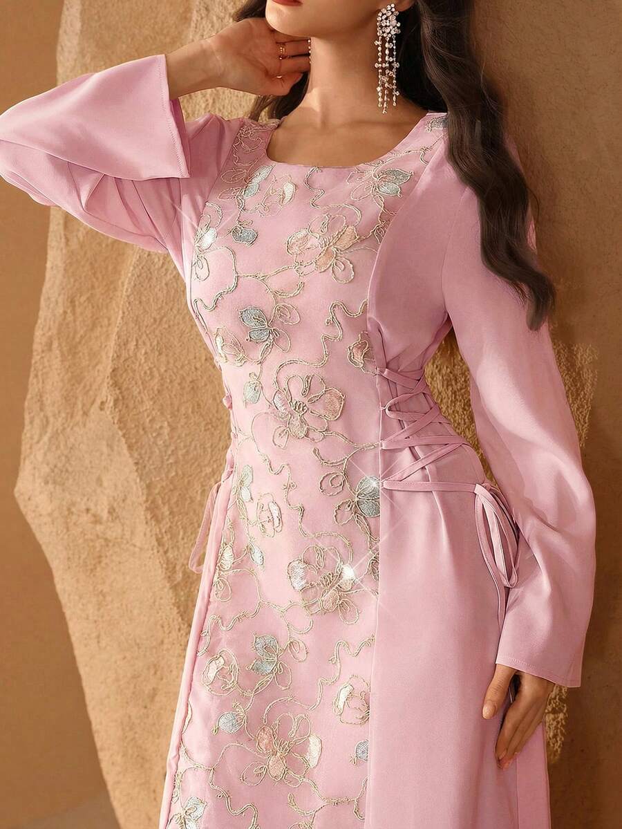 Al Najma Đầm kiểu Ả Rập cổ tròn thêu đính cườm thanh lịch dành cho phụ nữ - Hồng - Xem 1