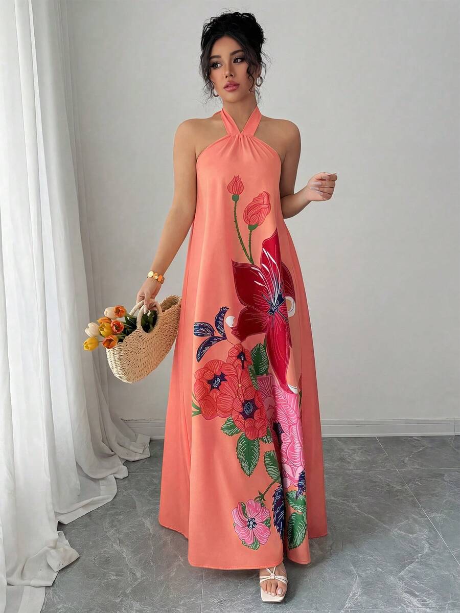 Elenzga Vestido floral sin mangas con lazo y corte evasé, elegante y romántico para vacaciones - Rosa coral - Ver 1