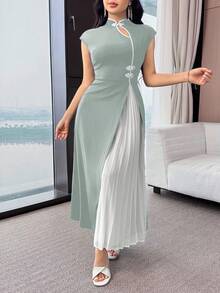 Feyla 女士优雅长裙，撞色镂空褶裥立领 - 綠色 - 查看 7