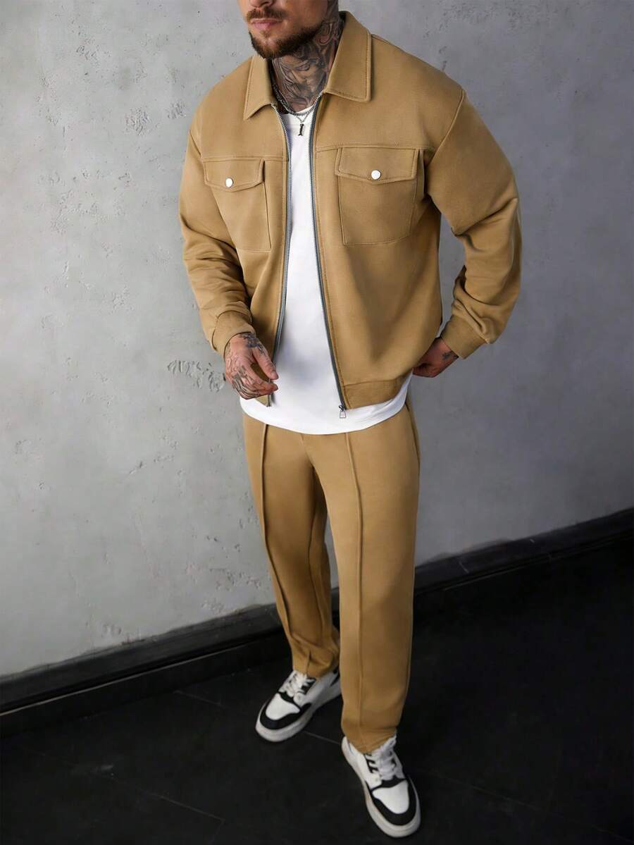 SLATEMANN Men's Casual Loose Fit Drop Shoulder Long Sleeve Jacket Set, Versatile Daily Wear - Khaki - View 1