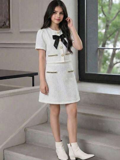 SHEIN Tween Girl Woven Tweed Faux Pearl Button Bow Decor Top And Skirt Elegant 2-Piece Set, French Elegant Lady Style