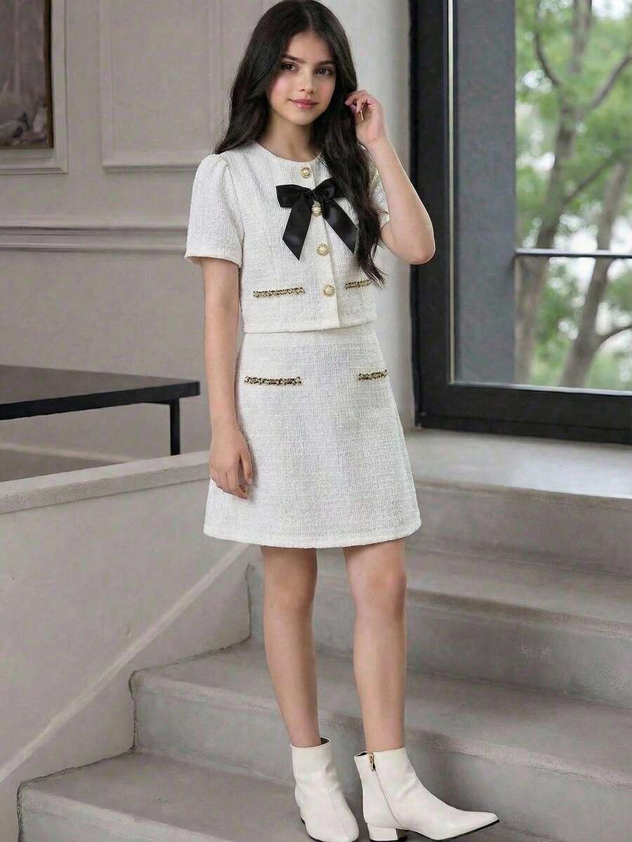 SHEIN Tween Girl Woven Tweed Faux Pearl Button Bow Decor Top And Skirt Elegant 2-Piece Set, French Elegant Lady Style - Black and White - View 1