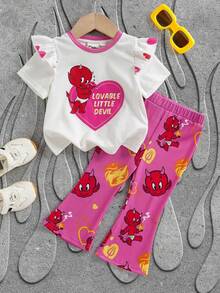 SHEIN HOT STUFF Baby Girl Casual Everyday Commute Cartoon Letter & Heart Print Ruffle Trim Short Sleeve T-Shirt And Flare Pants Set, Spring/Summer/Autumn - Multicolor - View 1