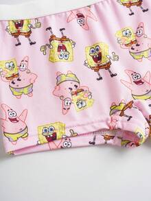 SpongeBob SquarePants | SHEIN Conjunto de 2 piezas de top de tirantes y shorts tipo bóxer con gráficos de dibujos animados lindos para niña - Amarillo - Ver 10