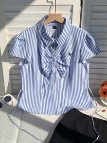 Comfortcana Áo sơ mi nữ thời trang, thanh lịch, in sọc, thêu họa tiết, cài nút phía trước, kiểu dáng thường ngày, đa năng, thích hợp mặc đi chơi, đi nghỉ mát, phong cách thập niên 2000, thích hợp cho mùa hè, kỳ nghỉ xuân, lễ tốt nghiệp, đám cưới, tiệc tùng, lễ kỷ niệm, ngày lễ tình nhân, lễ hội, bãi biển, kỳ nghỉ, thư giãn tại nhà, đường phố, trường đại học. - Màu xanh lam - Xem 3
