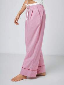 Maija 女士撞色腰带口袋阔腿休闲裤 - 紅白色 - 查看 5