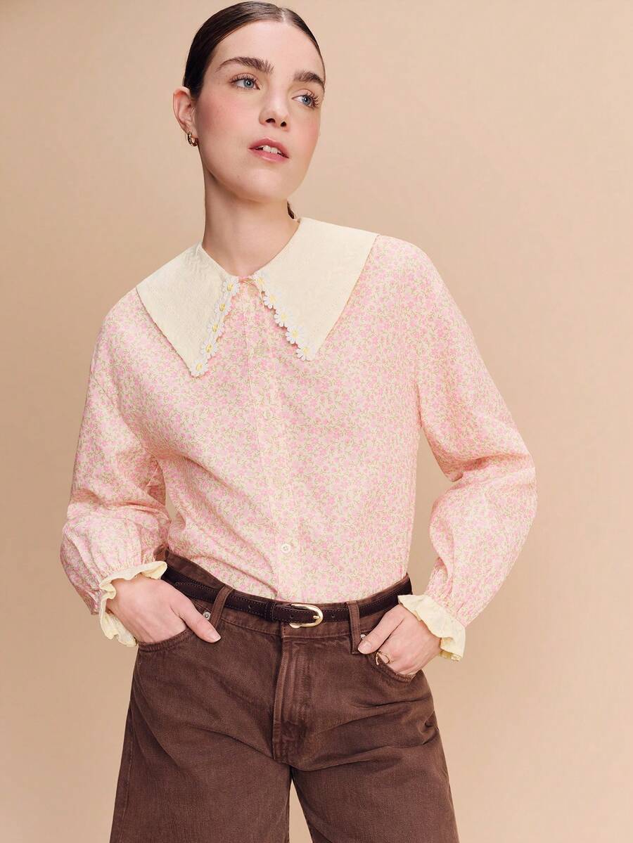 lacRébo Pale Yellow Floral Shirt With Daisy Trim And Textured FabricSpring Summer - Multicolor - View 1