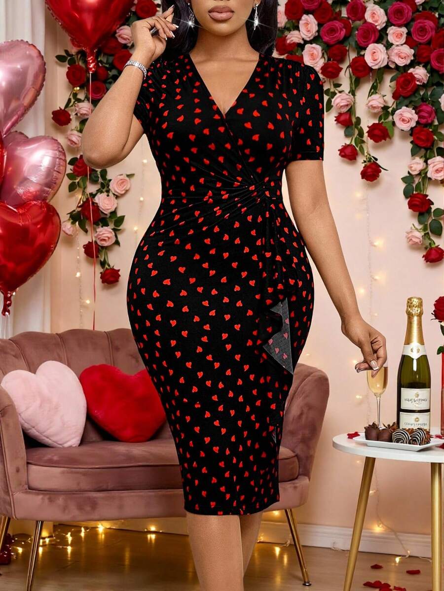 SHEIN Lady Schwarzes Herzprint Wickel-Rüschen-Saum Figurbetontes Mini-Kleid - Schwarz - Übersicht 1