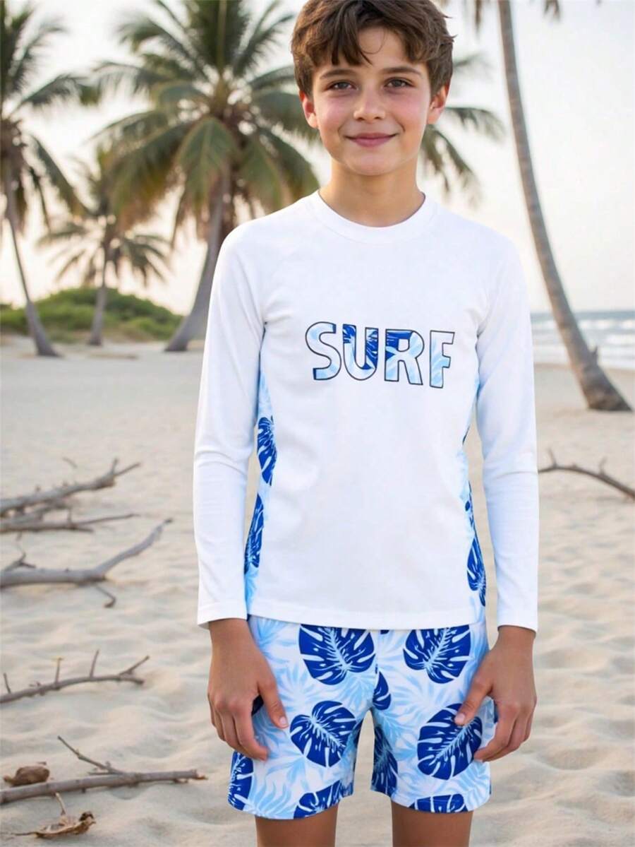 Tween Boy Resort 热带植物和字母印花插肩袖上衣和短裤泳衣套装,随机印花 - 彩色 - 查看 1