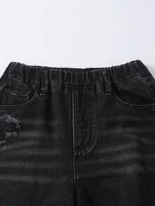 SHEIN 女童Y2K街头时尚休闲百搭破洞牛仔裤，腰部采用松紧带设计，并饰有仿链条装饰，柔软舒适，适合日常穿着，四季皆宜。 - 黑色 - 查看 4