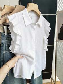 SHEIN Women's Elegant White Summer Ruffle Sleeve Shirt,Versatile Textured Fabric Button Front Blouse For Brunch,Vacation,Commute,Daily,Cropped Cotton Top - White - View 5