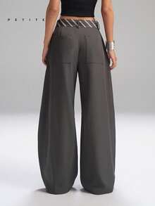 LYSMO Petite 女士口袋设计阔腿宽松休闲裤 - 咖啡棕 - 查看 2