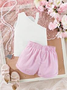 Souflis Souflis 1pc Baby Girl Elegant Sweet Ribbed Asymmetric Strap Design Floral Decor Top Paired With Pink Striped Shorts Set, Suitable For Street, Travel Photography In Summer - Pink - View 4