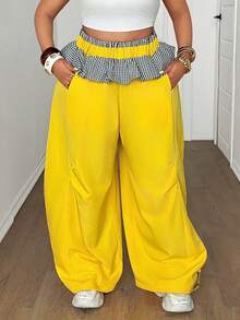 Maweii 大码时尚拼接格纹喇叭裤，黄色，女士休闲宽松长裤，适合日常穿着、街头风、音乐节等场合 - 黃色 - 查看 5
