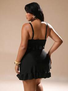 Auralis Plus Size Women's Black Solid Fashion Front Bow Tie Ruffle Hem Adjustable Strap Camisole Top And Bodycon Skirt Swimwear Set,Summer Beach Holiday - Black - View 3