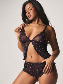 Missguided x Playboy Bunny Print Mesh Bralette And Shorts Lingerie Set With Lace Trim - Black - View 5