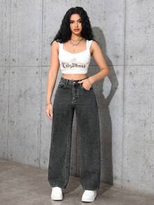 SHEIN PETITE 高腰纯色斜插口袋休闲百搭直筒牛仔裤 - 深灰色 - 查看 3