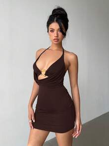 Aloruh 女士纯色金属环装饰镂空垂领针织迷你连衣裙 - 巧克力棕 - 查看 7